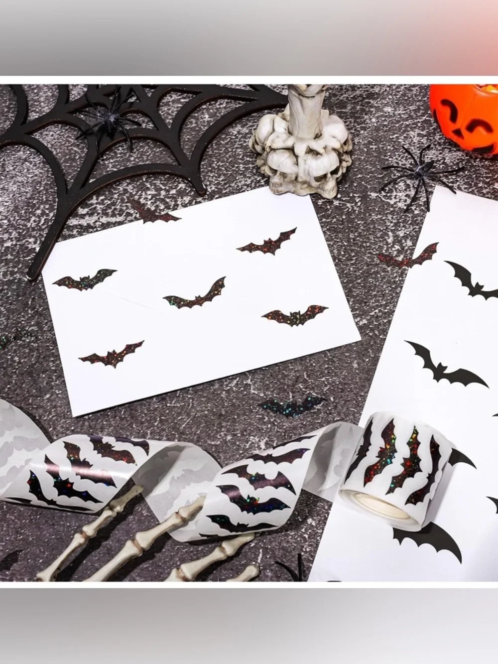 500 Pink & Black Glitter Bat Stickers Roll Halloween Seals Gift Wrap Party Favor